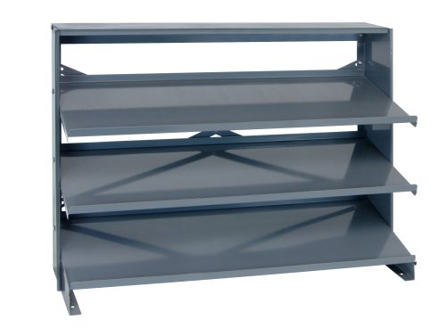 The Quantum Pick Rack is a gray metal, sloped bench-style shoe rack with three shelves, perfect for home or office organization. Its minimalist open design supports up to 250 lbs., though bins are not included.