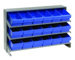 The Quantum Pick Rack is a sturdy, sloped bench-style metal rack with a 250 lbs. capacity and three shelves. It includes 18 QE601 blue plastic bins for small item organization, ideal for wall mounting to optimize space. Dimensions: 12-1/2L x 36W x 23H.