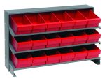 The Quantum Pick Rack in metallic gray features a sloped design with three shelves, each holding six red, open-front QED601 bins for organized storage, totaling 18 bins. Its dimensions are 12.5L x 36W x 23H with a load capacity of 250 lbs.