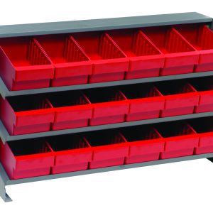 The Quantum Pick Rack in metallic gray features a sloped design with three shelves, each holding six red, open-front QED601 bins for organized storage, totaling 18 bins. Its dimensions are 12.5L x 36W x 23H with a load capacity of 250 lbs.