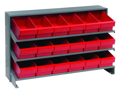 The Quantum Pick Rack in metallic gray features a sloped design with three shelves, each holding six red, open-front QED601 bins for organized storage, totaling 18 bins. Its dimensions are 12.5L x 36W x 23H with a load capacity of 250 lbs.