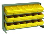 The Quantum Pick Rack, sloped bench style, 12-1/2L x 36W x 23H, features a green metal frame with a 3-shelf configuration and includes 18 yellow Qed601 plastic bins for organizing small items. It has a total capacity of 250 lbs and is showcased against a white background.