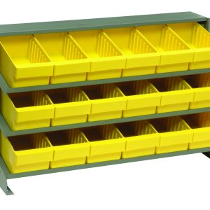 The Quantum Pick Rack, sloped bench style, 12-1/2L x 36W x 23H, features a green metal frame with a 3-shelf configuration and includes 18 yellow Qed601 plastic bins for organizing small items. It has a total capacity of 250 lbs and is showcased against a white background.