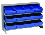 The Quantum Pick Rack features a bench-style slopped design with three shelves, measuring 12-1/2L x 36W x 23H. It includes twelve Qed701 blue bins and supports up to 250 lbs, ideal for efficiently organizing small items.