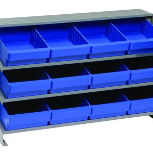 The Quantum Pick Rack features a bench-style slopped design with three shelves, measuring 12-1/2L x 36W x 23H. It includes twelve Qed701 blue bins and supports up to 250 lbs, ideal for efficiently organizing small items.