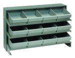 The Quantum Pick Rack is a bench-style metal storage solution with a slopped, industrial design and three shelves. Its configured to hold twelve QED701 gray bins, measures 12-1/2L x 36W x 23H, and supports up to 250 lbs, making it ideal for organizing small items stylishly and sturdily.