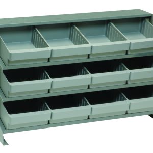 The Quantum Pick Rack is a bench-style metal storage solution with a slopped, industrial design and three shelves. Its configured to hold twelve QED701 gray bins, measures 12-1/2L x 36W x 23H, and supports up to 250 lbs, making it ideal for organizing small items stylishly and sturdily.