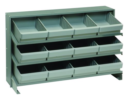 The Quantum Pick Rack is a bench-style metal storage solution with a slopped, industrial design and three shelves. Its configured to hold twelve QED701 gray bins, measures 12-1/2L x 36W x 23H, and supports up to 250 lbs, making it ideal for organizing small items stylishly and sturdily.