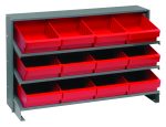 The Quantum Pick Rack features a 3-shelf, bench-style metal design with a sloped configuration and includes twelve top-open, evenly spaced Qed701 red bins. It measures 12-1/2L x 36W x 23H, supports up to 250 lbs., and is perfect for organizing small items or tools with an industrial appeal.