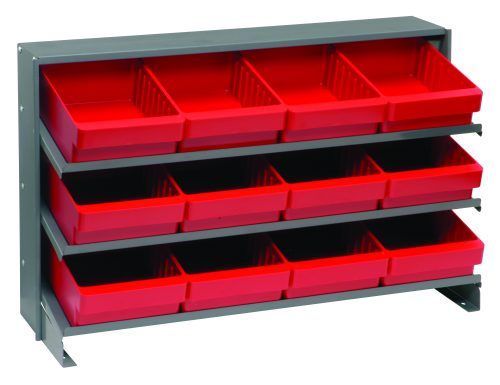 The Quantum Pick Rack features a 3-shelf, bench-style metal design with a sloped configuration and includes twelve top-open, evenly spaced Qed701 red bins. It measures 12-1/2L x 36W x 23H, supports up to 250 lbs., and is perfect for organizing small items or tools with an industrial appeal.