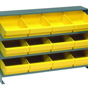 The Quantum Pick Rack is a bench-style metal storage solution, measuring 12-1/2L x 36W x 23H with three sloped shelves. It holds twelve Qed701 yellow bins for small item organization with a robust 250 lbs. capacity, perfect for maintaining an efficient and industrial look.