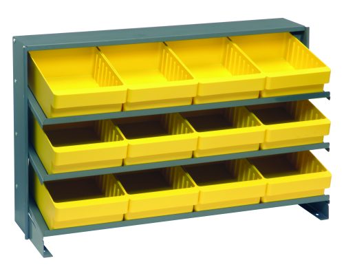 QPRHA-701_YL.jpg The Quantum Pick Rack is a bench-style metal storage solution, measuring 12-1/2L x 36W x 23H with three sloped shelves. It holds twelve Qed701 yellow bins for small item organization with a robust 250 lbs. capacity, perfect for maintaining an efficient and industrial look.