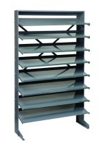 The Quantum Pick Rack is a sloped, single-sided metal shelving unit with eight adjustable shelves, ideal for sorting or organizing. Its sturdy steel frame supports up to 400 lbs., measuring 12D x 36W x 60H, perfect for industrial or office settings. Bins not included.