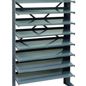 The Quantum Pick Rack is a sloped, single-sided metal shelving unit with eight adjustable shelves, ideal for sorting or organizing. Its sturdy steel frame supports up to 400 lbs., measuring 12D x 36W x 60H, perfect for industrial or office settings. Bins not included.