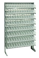 The Quantum Pick Rack is a tall, galvanized steel organizer with eight shelves and 96 QSB100 clear bins. Its sloped, single-sided design (12D x 36W x 60H, 400 lbs capacity) offers easy access for organizing small parts or tools in a freestanding setup.