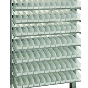 The Quantum Pick Rack is a tall, galvanized steel organizer with eight shelves and 96 QSB100 clear bins. Its sloped, single-sided design (12D x 36W x 60H, 400 lbs capacity) offers easy access for organizing small parts or tools in a freestanding setup.