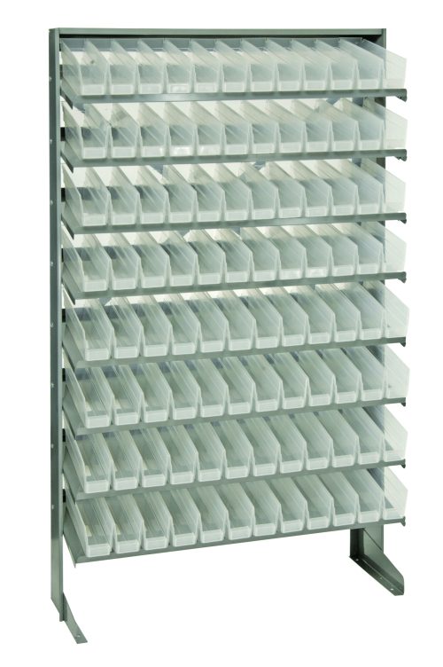 The Quantum Pick Rack is a tall, galvanized steel organizer with eight shelves and 96 QSB100 clear bins. Its sloped, single-sided design (12D x 36W x 60H, 400 lbs capacity) offers easy access for organizing small parts or tools in a freestanding setup.