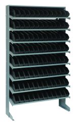 The Quantum Pick Rack is a single-sided, slopped shelving unit made of galvanized steel, measuring 12D x 36W x 60H. It has a 400 lbs. capacity with eight shelves and includes open-front access to 96 QSB100 black bins for organized storage.