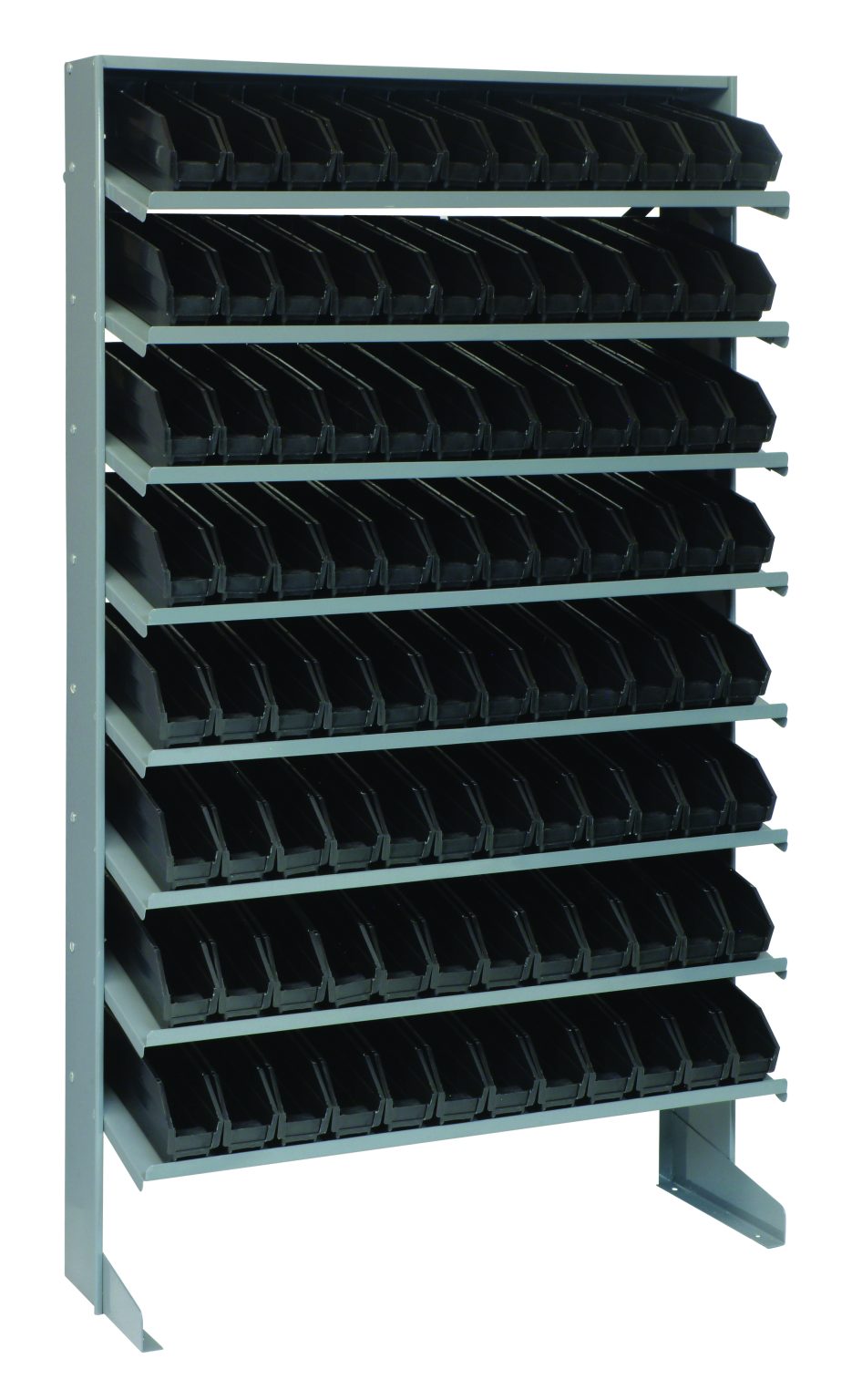 Gray single-sided sloped pick rack filled with black shelf bins on eight levels