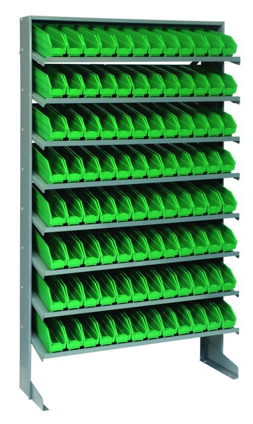 The Quantum Pick Rack is a single-sided, sloped metal storage unit measuring 12D x 36W x 60H with a capacity of 400 lbs. It features eight shelves and comes with 96 green QSB100 plastic bins, ideal for organizing small parts or tools. The freestanding rack is made of galvanized steel for an industrial look.