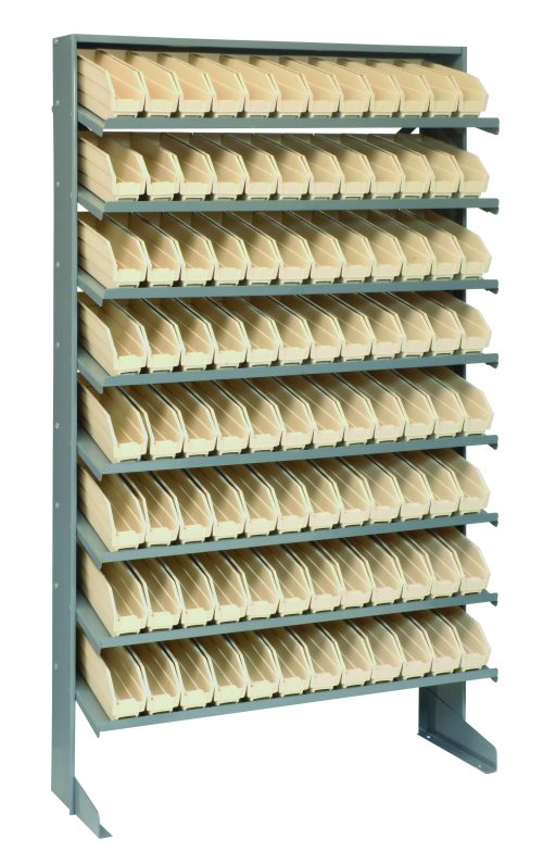 QPRS-100_IV.jpg The Quantum Pick Rack is a single-sided, sloped shelving unit made of galvanized steel with dimensions of 12D x 36W x 60H and a 400 lbs. capacity. It includes eight shelves with 96 ivory QSB100 open-front bins for easy access, uniformly aligned across the shelves.