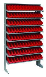 The Quantum Pick Rack is a sloped, single-sided unit (12D x 36W x 60H) with a 400 lbs. capacity. It includes 8 shelves and 96 QSB100 red bins made of galvanized steel, offering a stylish and functional storage solution with evenly spaced organization.