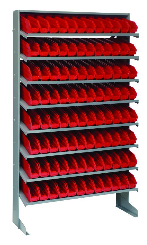 The Quantum Pick Rack is a sloped, single-sided unit (12D x 36W x 60H) with a 400 lbs. capacity. It includes 8 shelves and 96 QSB100 red bins made of galvanized steel, offering a stylish and functional storage solution with evenly spaced organization.