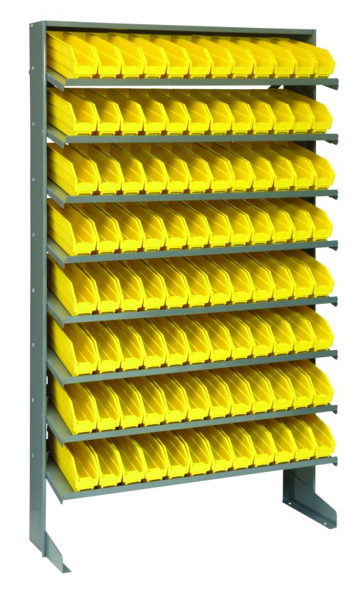 The Quantum Pick Rack is a single-sided, sloped shelving unit made of galvanized steel, measuring 12D x 36W x 60H. It features eight shelves with 96 QSB100 yellow bins and supports up to 400 lbs.