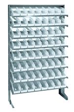 The Quantum Pick Rack is a single-sided unit, 12D x 36W x 60H with a 400 lb. capacity, featuring 8 shelves and includes 64 QSB101 clear bins. It is made of galvanized steel for stability and easy access, with bins arranged in pairs forming a tidy grid pattern.