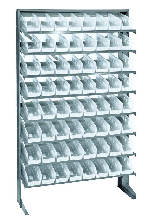 The Quantum Pick Rack is a single-sided unit, 12D x 36W x 60H with a 400 lb. capacity, featuring 8 shelves and includes 64 QSB101 clear bins. It is made of galvanized steel for stability and easy access, with bins arranged in pairs forming a tidy grid pattern.