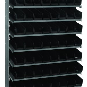 The Quantum Pick Rack is a sloped, single-sided metal storage rack (12D x 36W x 60H) with a 400 lbs. capacity, featuring eight shelves with 64 QSB101 black bins. Made of galvanized steel, it is ideal for organizing small parts or tools, standing sturdily on two legs.