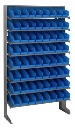 The Quantum Pick Rack is a single-sided, sloped shelving unit made of galvanized steel, with an overall size of 12D x 36W x 60H. It supports up to 400 lbs. and includes 8 shelves and 64 QSB101 blue bins for organizing tools, parts, or supplies in workshops or storage areas.