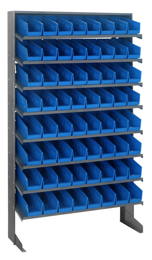 QPRS-101_BL.jpg The Quantum Pick Rack is a single-sided, sloped shelving unit made of galvanized steel, with an overall size of 12D x 36W x 60H. It supports up to 400 lbs. and includes 8 shelves and 64 QSB101 blue bins for organizing tools, parts, or supplies in workshops or storage areas.