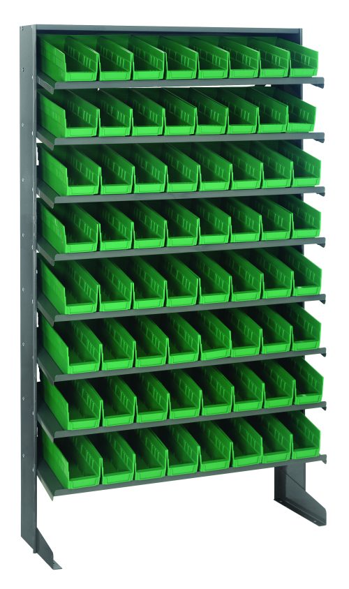 The Quantum Pick Rack features a sloped, single-sided design, measuring 12D x 36W x 60H with a 400 lbs. capacity. Made of galvanized steel, it includes eight shelves and 64 QSB101 green bins, ideal for organizing tools or small parts in workshops or garages.