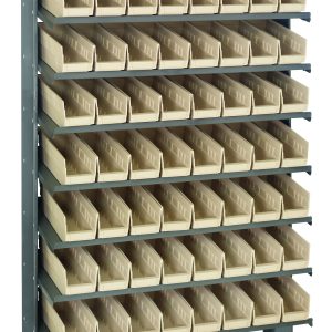 The Quantum Pick Rack, measuring 12D x 36W x 60H, features eight sloped shelves with 64 QSB101 ivory bins. Made of galvanized steel and supporting up to 400 lbs, its ideal for organizing small parts in workshops and industrial settings.