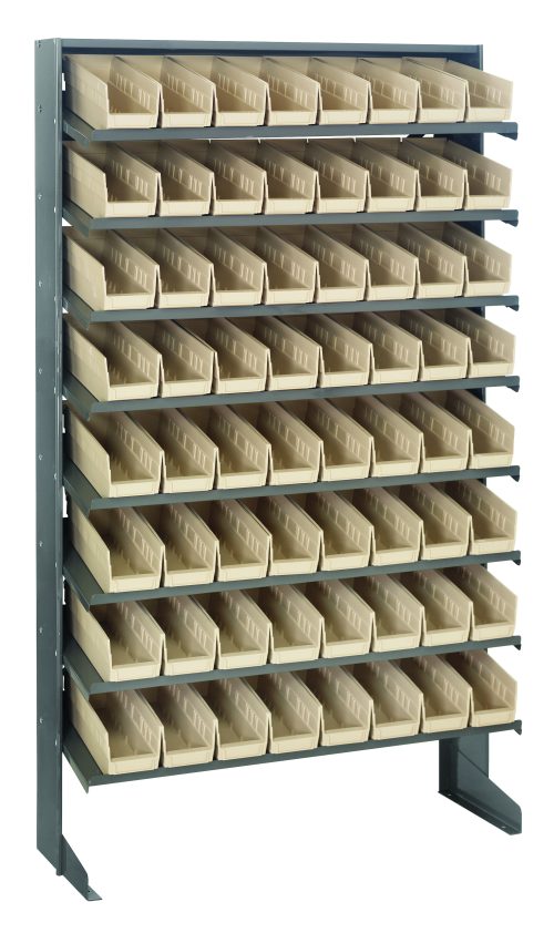 QPRS-101_IV.jpg The Quantum Pick Rack, measuring 12D x 36W x 60H, features eight sloped shelves with 64 QSB101 ivory bins. Made of galvanized steel and supporting up to 400 lbs, its ideal for organizing small parts in workshops and industrial settings.