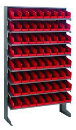 The Quantum Pick Rack is a sloped, single-sided shelving unit with dimensions 12D x 36W x 60H and a 400 lbs. capacity. It has eight shelves with 64 QSB101 red bins for efficient storage. Made of galvanized steel, it features an open front for easy access and a sleek metallic gray frame.