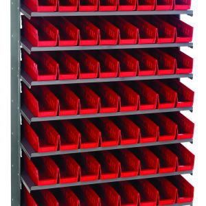 The Quantum Pick Rack is a sloped, single-sided shelving unit with dimensions 12D x 36W x 60H and a 400 lbs. capacity. It has eight shelves with 64 QSB101 red bins for efficient storage. Made of galvanized steel, it features an open front for easy access and a sleek metallic gray frame.