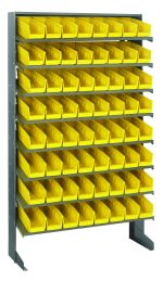 The Quantum Pick Rack is a slopped, single-sided galvanized steel shelving unit measuring 12D x 36W x 60H, with eight shelves each holding up to 400 lbs. It comes with 64 QSB101 yellow bins arranged for convenient access.