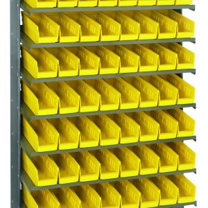 The Quantum Pick Rack is a slopped, single-sided galvanized steel shelving unit measuring 12D x 36W x 60H, with eight shelves each holding up to 400 lbs. It comes with 64 QSB101 yellow bins arranged for convenient access.