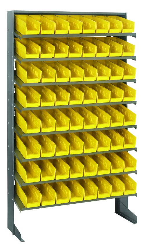 The Quantum Pick Rack is a slopped, single-sided galvanized steel shelving unit measuring 12D x 36W x 60H, with eight shelves each holding up to 400 lbs. It comes with 64 QSB101 yellow bins arranged for convenient access.