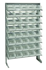 The Quantum Pick Rack is a single-sided, sloped storage solution made of galvanized steel with a 400 lbs. capacity. Measuring 12D x 36W x 60H, it includes eight shelves and forty QSB102 clear bins, ideal for organizing small items in six vertical columns and eight horizontal rows.