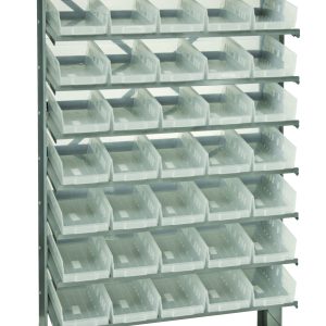 The Quantum Pick Rack is a single-sided, sloped storage solution made of galvanized steel with a 400 lbs. capacity. Measuring 12D x 36W x 60H, it includes eight shelves and forty QSB102 clear bins, ideal for organizing small items in six vertical columns and eight horizontal rows.