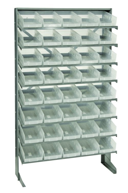 QPRS-102CL.jpg The Quantum Pick Rack is a single-sided, sloped storage solution made of galvanized steel with a 400 lbs. capacity. Measuring 12D x 36W x 60H, it includes eight shelves and forty QSB102 clear bins, ideal for organizing small items in six vertical columns and eight horizontal rows.