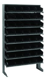 The Quantum Pick Rack is a black, multi-tiered storage solution made of galvanized steel with dimensions 12D x 36W x 60H. It supports up to 400 lbs., includes eight shelves, and comes with 40 QSB102 black bins, ideal for organizing tools or small parts in seven rows.
