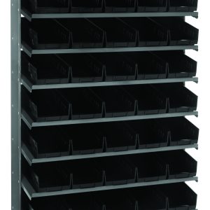 The Quantum Pick Rack is a black, multi-tiered storage solution made of galvanized steel with dimensions 12D x 36W x 60H. It supports up to 400 lbs., includes eight shelves, and comes with 40 QSB102 black bins, ideal for organizing tools or small parts in seven rows.
