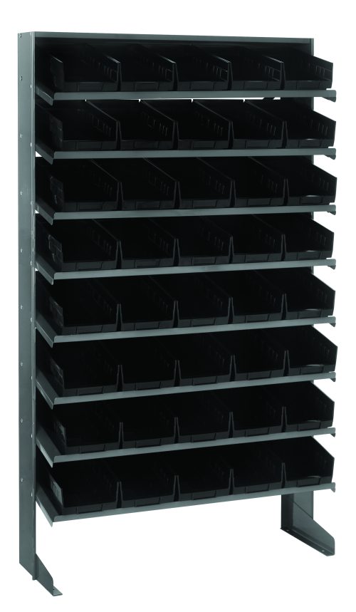 The Quantum Pick Rack is a black, multi-tiered storage solution made of galvanized steel with dimensions 12D x 36W x 60H. It supports up to 400 lbs., includes eight shelves, and comes with 40 QSB102 black bins, ideal for organizing tools or small parts in seven rows.