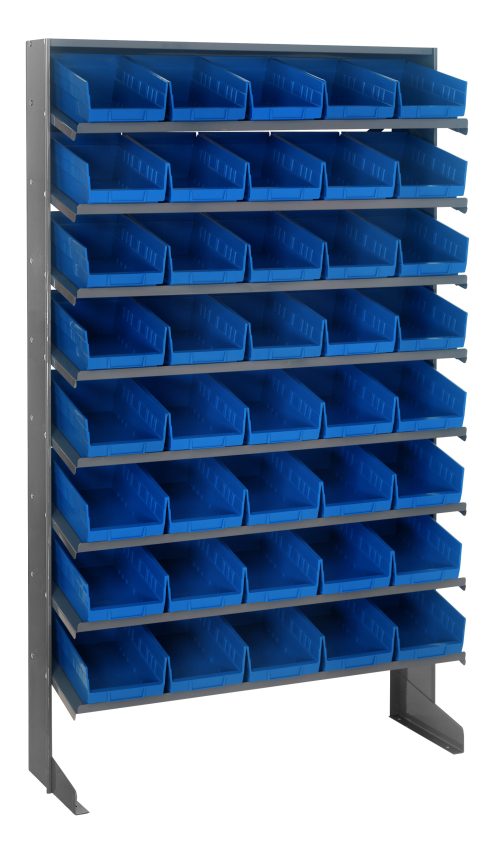 QPRS-102_BL.jpg A Quantum Pick Rack, single-sided and sloped, with dimensions 12D x 36W x 60H, made of galvanized steel, has eight shelves with a capacity for 40 QSB102 blue bins. The rack stands empty against a white background.