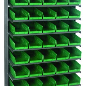 The Quantum Pick Rack is a galvanized steel, single-sided unit with 8 shelves and 40 stackable QSB102 green bins. It measures 12D x 36W x 60H, holds up to 400 lbs., and is ideal for organizing and storing small parts or tools efficiently.