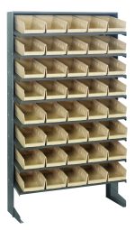 The Quantum Pick Rack is a freestanding, single-sided metal storage solution with a sloped design for easy access. It features eight shelves and 40 QSB102 ivory bins, has a 400 lbs. capacity, and measures 12D x 36W x 60H in galvanized steel for stable organization of small parts or tools.